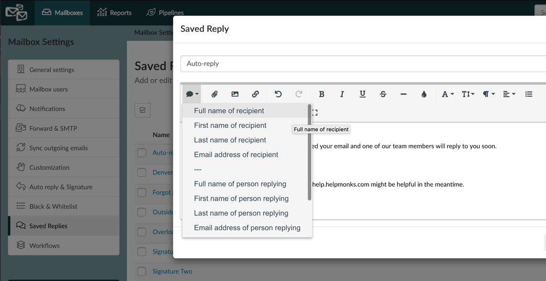 New in Helpmonks: Variables and attachments in saved-replies and auto-reply