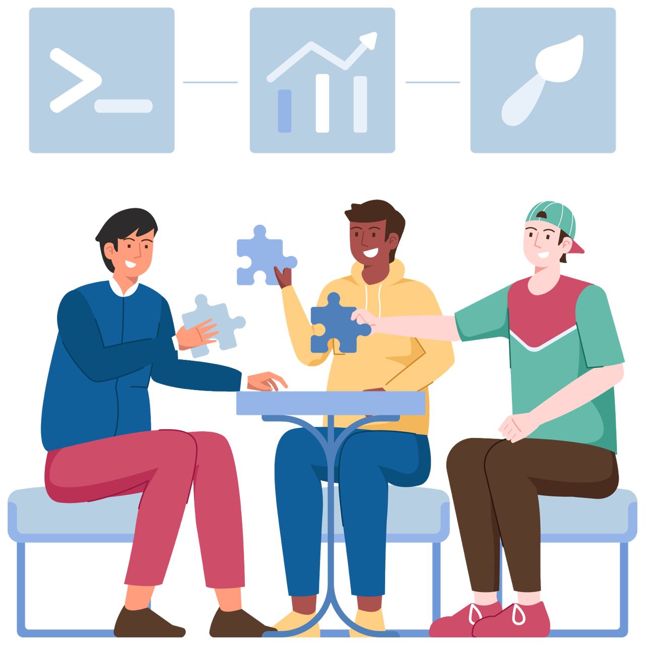 Team of three solving a puzzle together