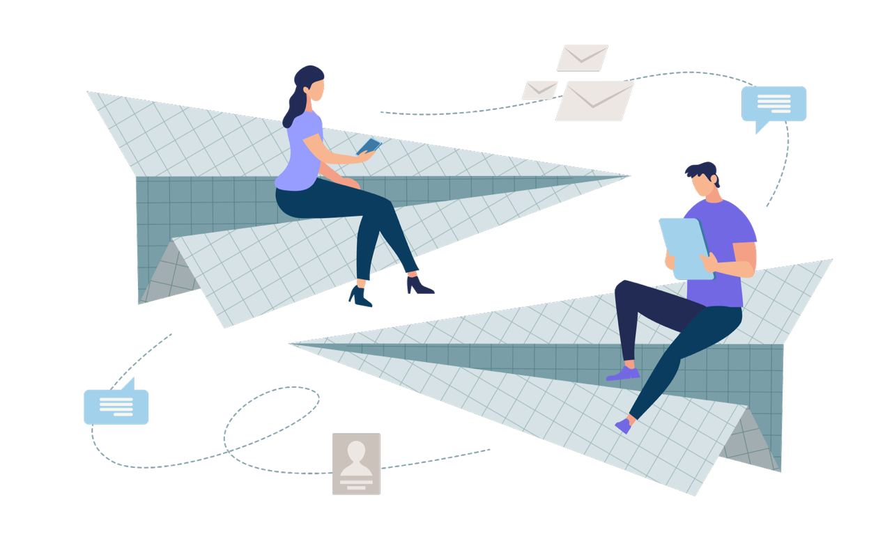 Two colleagues communicating through tables while sitting on graph paper made paper airplanes