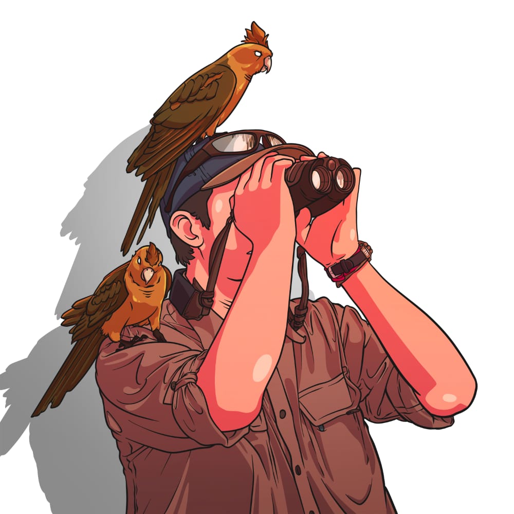 man using binoculars while two birds rest on his torso