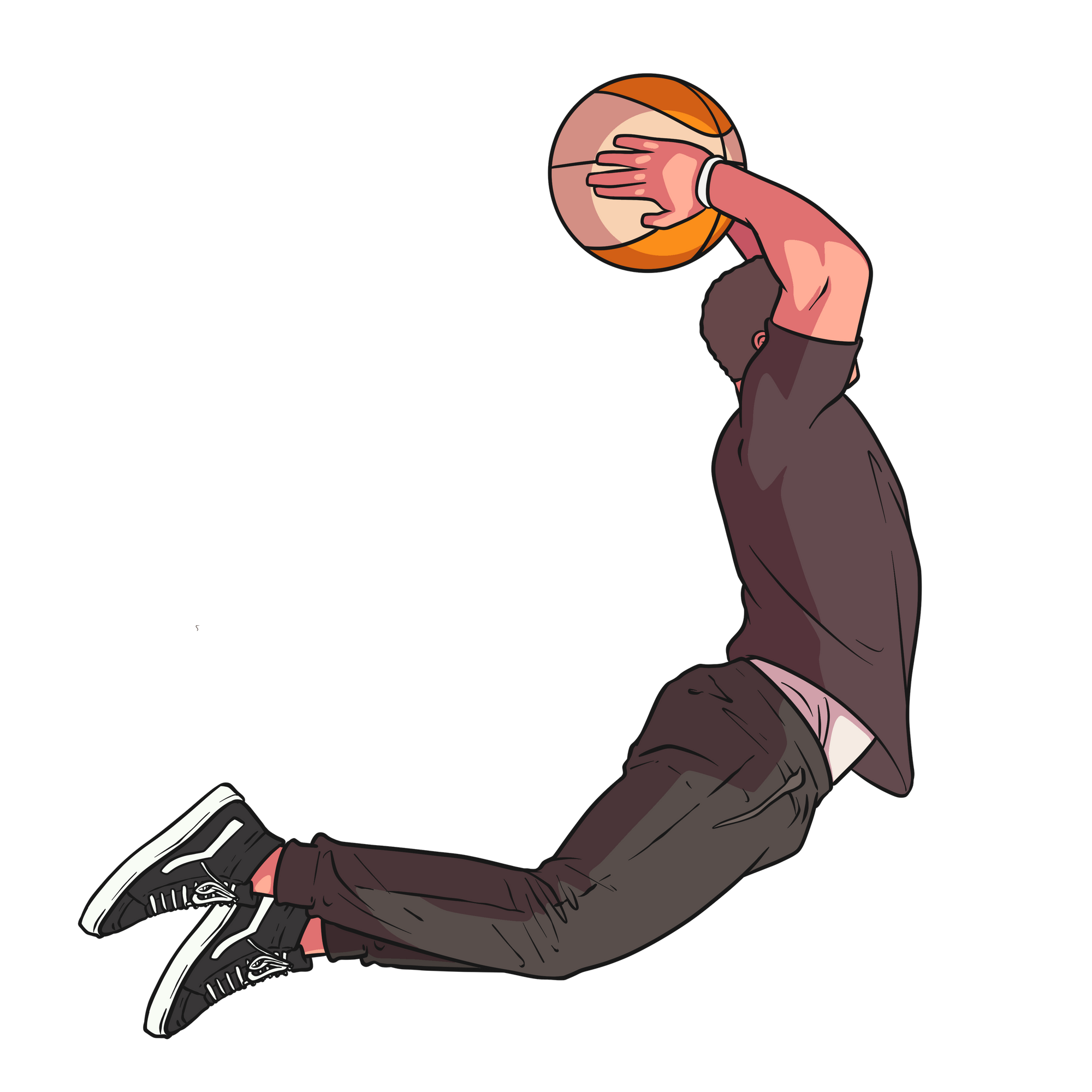 man looking like he's about to dunk a ball, yet there's no basket in sight.