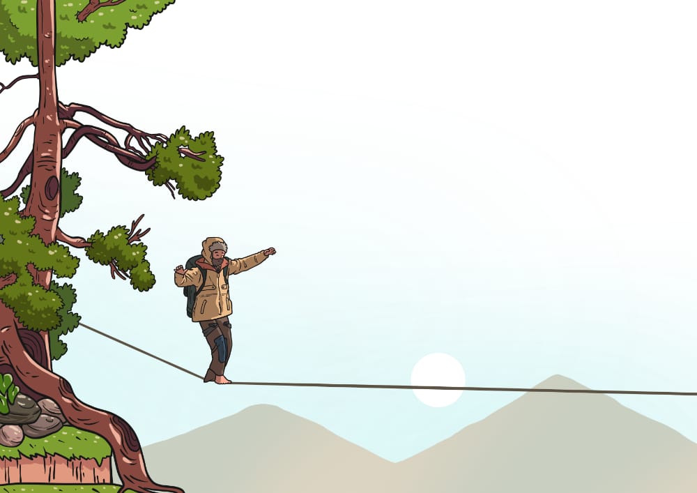 someone starting a trek cross a hire wire outdoors