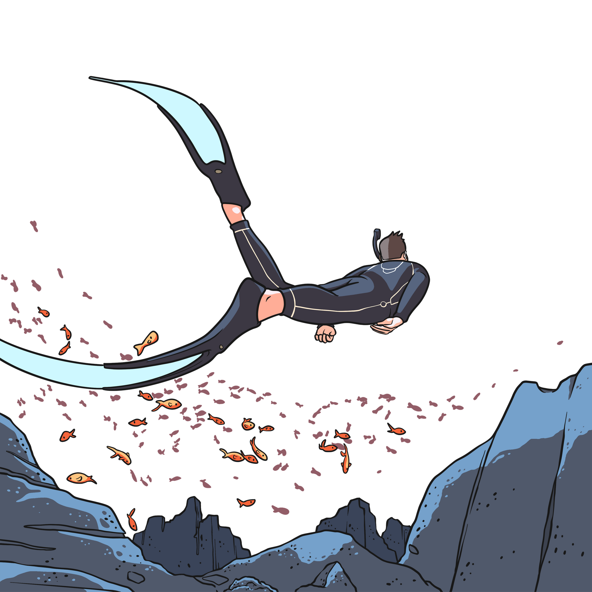 snorkler swimming above a school of fish