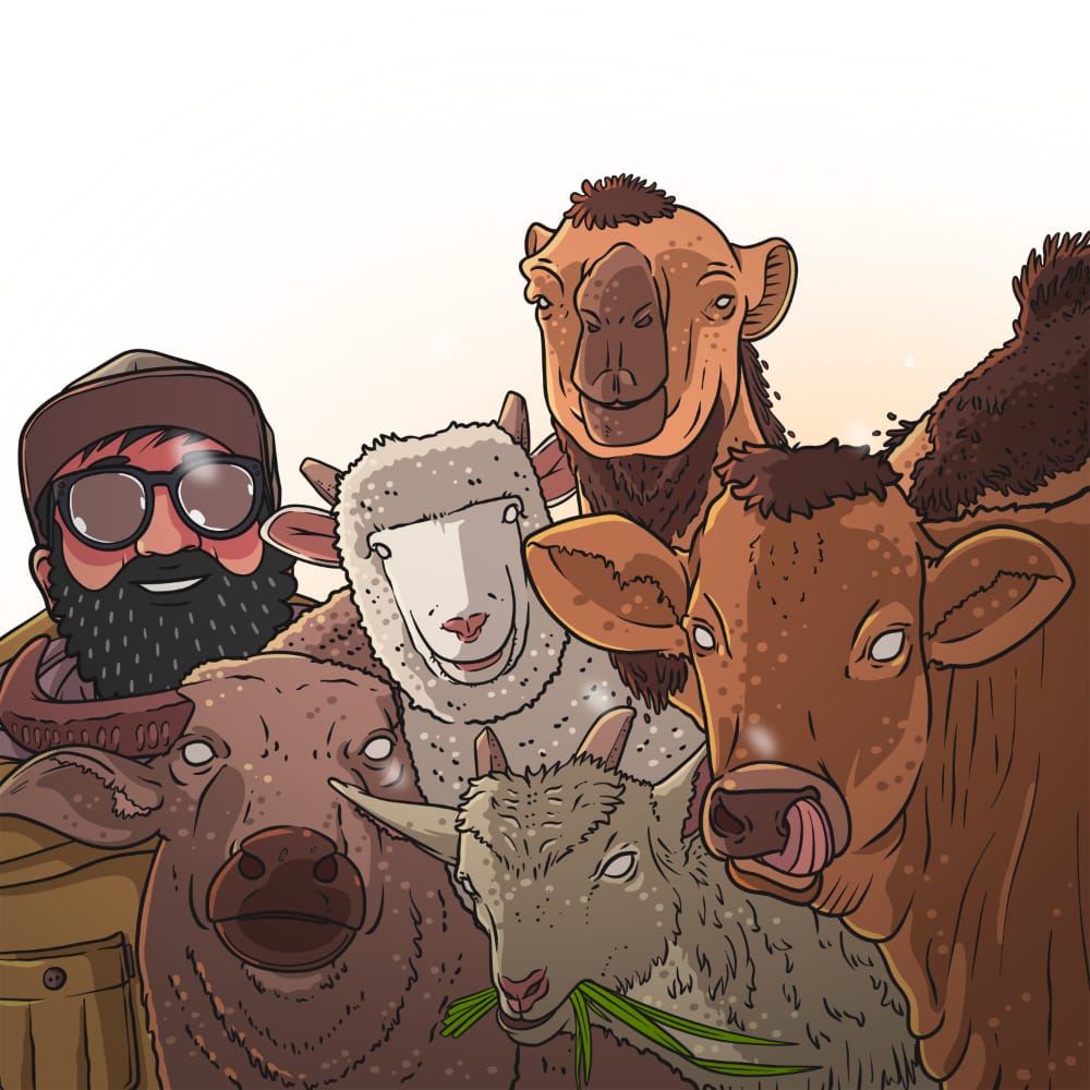 man hanging out with a group of various mammals