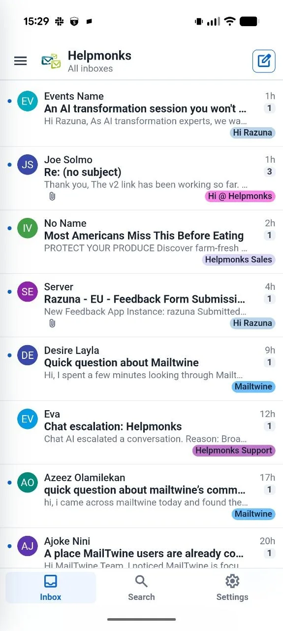 Helpmonks mobile app showing the All inboxes conversation list