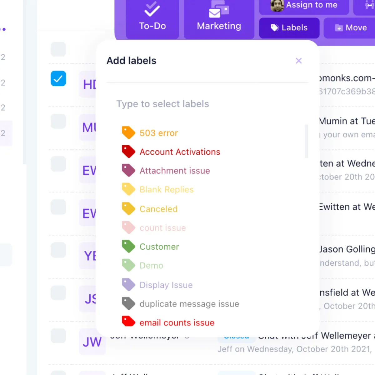 Labels for emails, contacts, and marketing campaigns