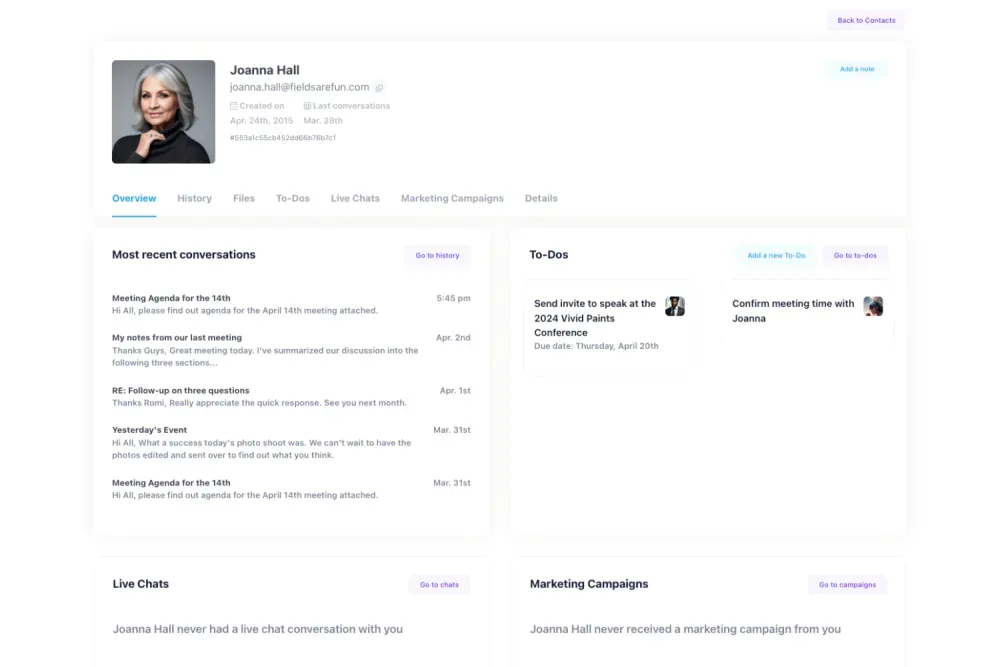 Screenshot of Helpmonks showing the contact detail view.