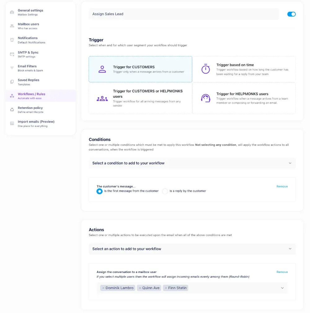 Screenshot of Helpmonks showing the create new workflow view, with conditions and actions set.