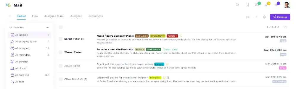 Helpmonks screenshot showing an email list view.