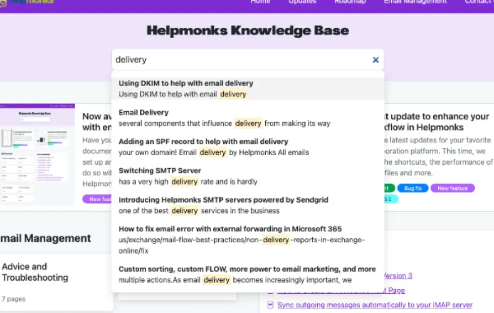 Screenshot of Helpmonks' knowledge base showing a search for 'delivery' and the matching articles found.