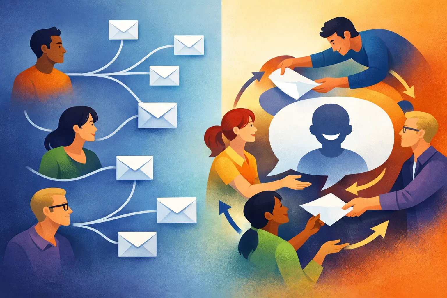 Illustration comparing email routed separately to individuals with a team coordinating around a shared customer conversation.