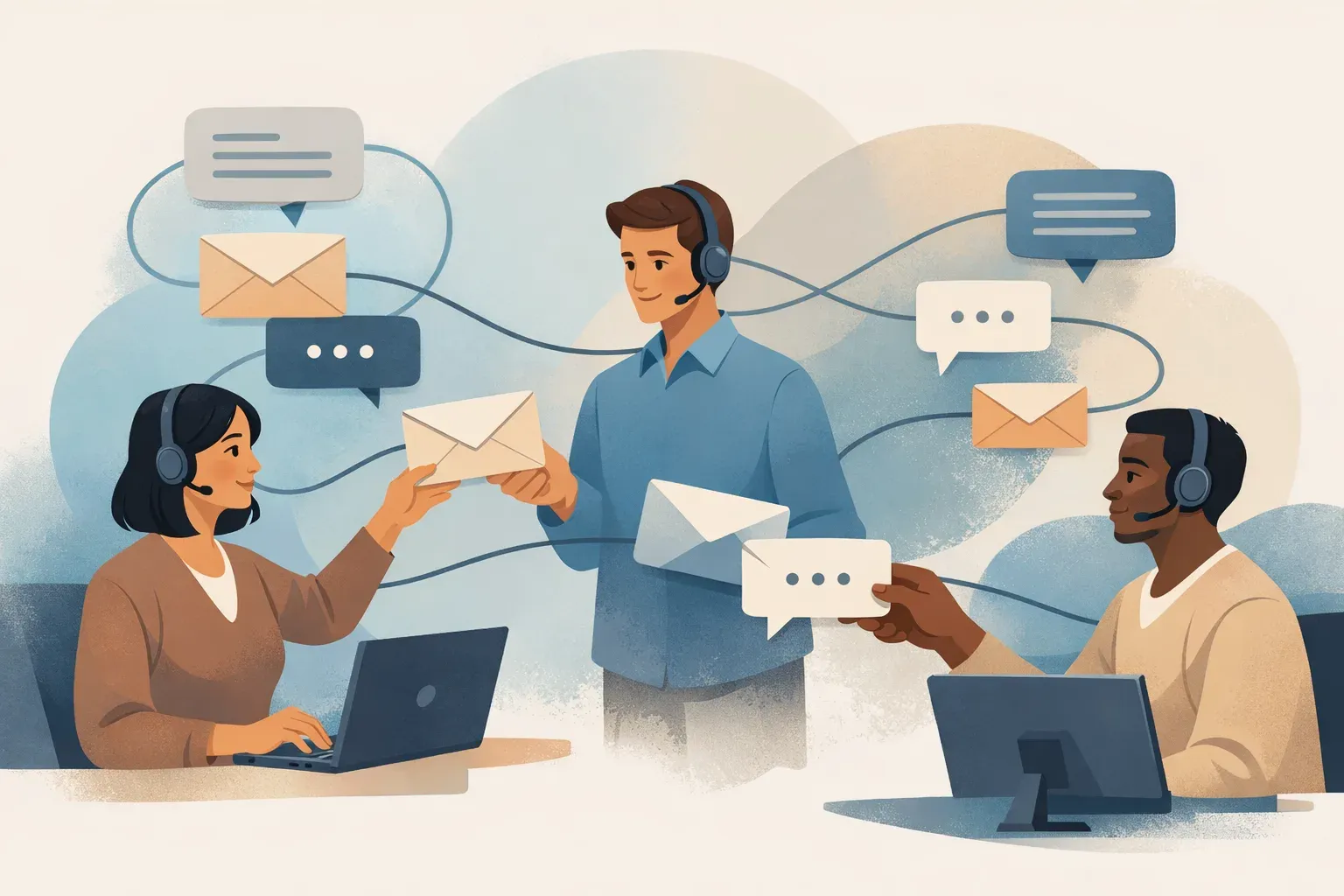 Conceptual illustration of a support team coordinating shared customer conversations and handoffs.