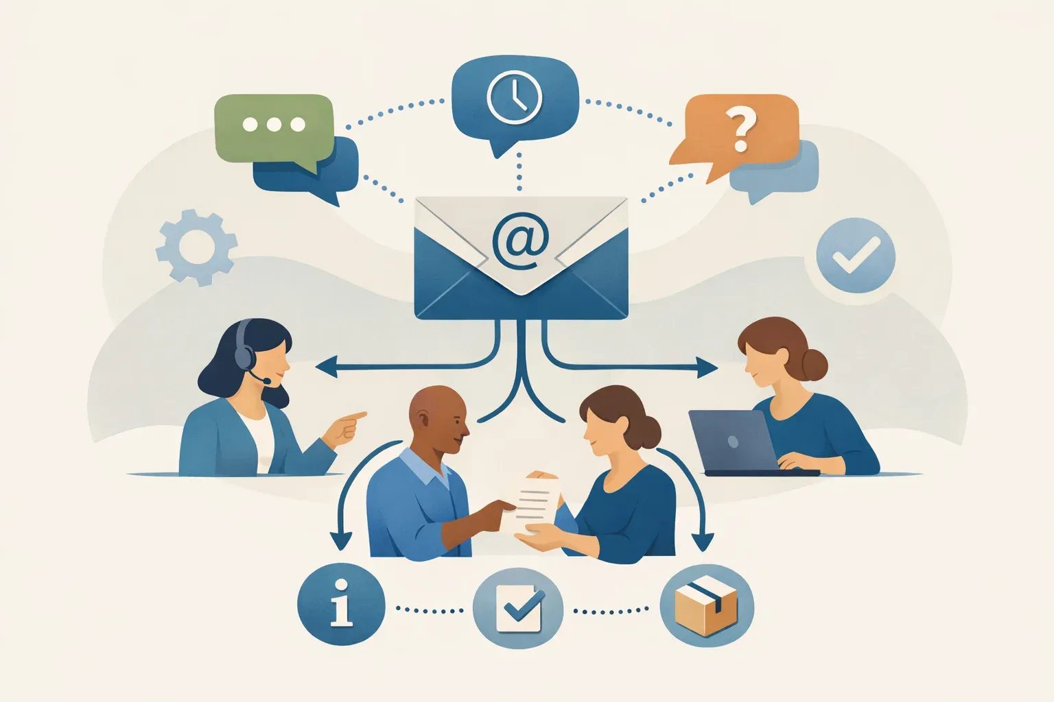Illustration of a team coordinating customer email through a shared inbox.