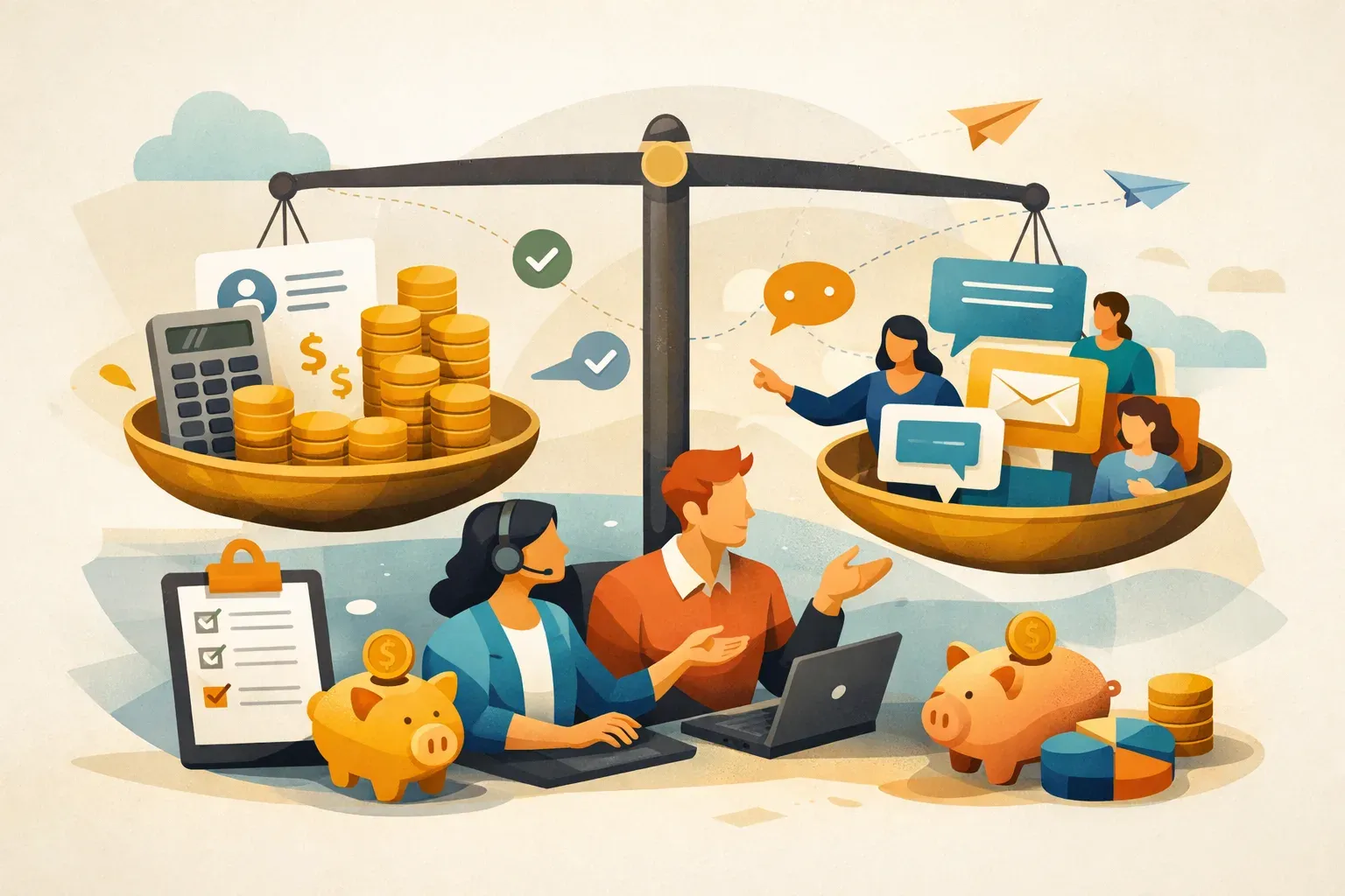 Conceptual illustration of a support team considering software costs and a shared inbox workflow.