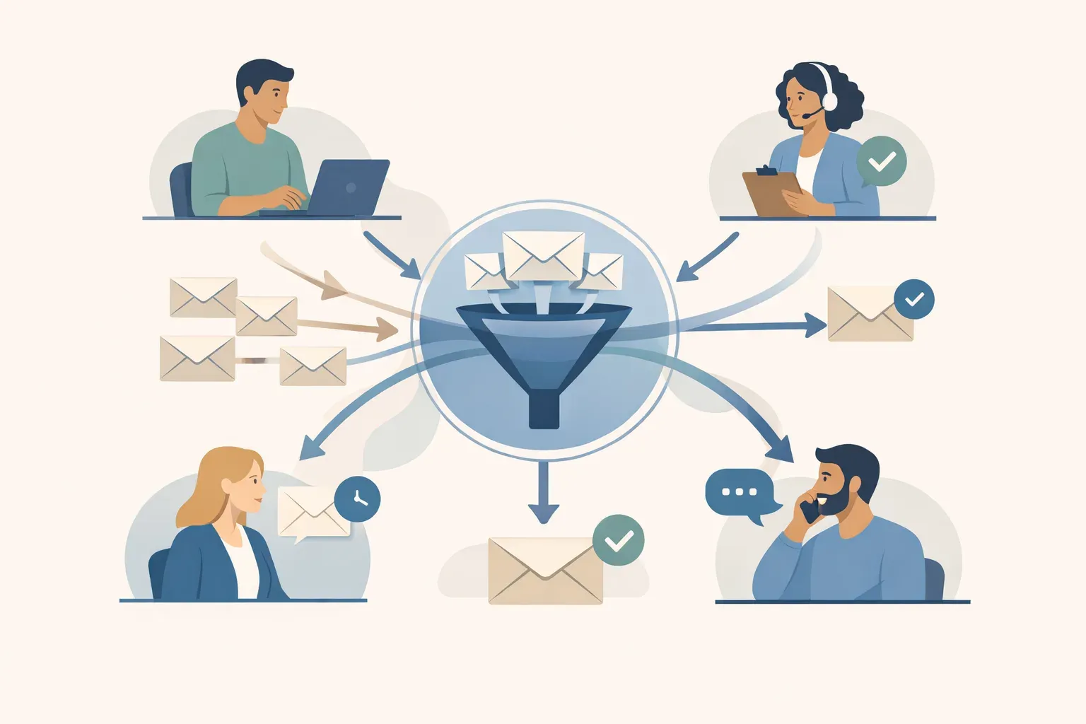 Conceptual illustration of customer emails being shared, assigned, and handed off among teammates.