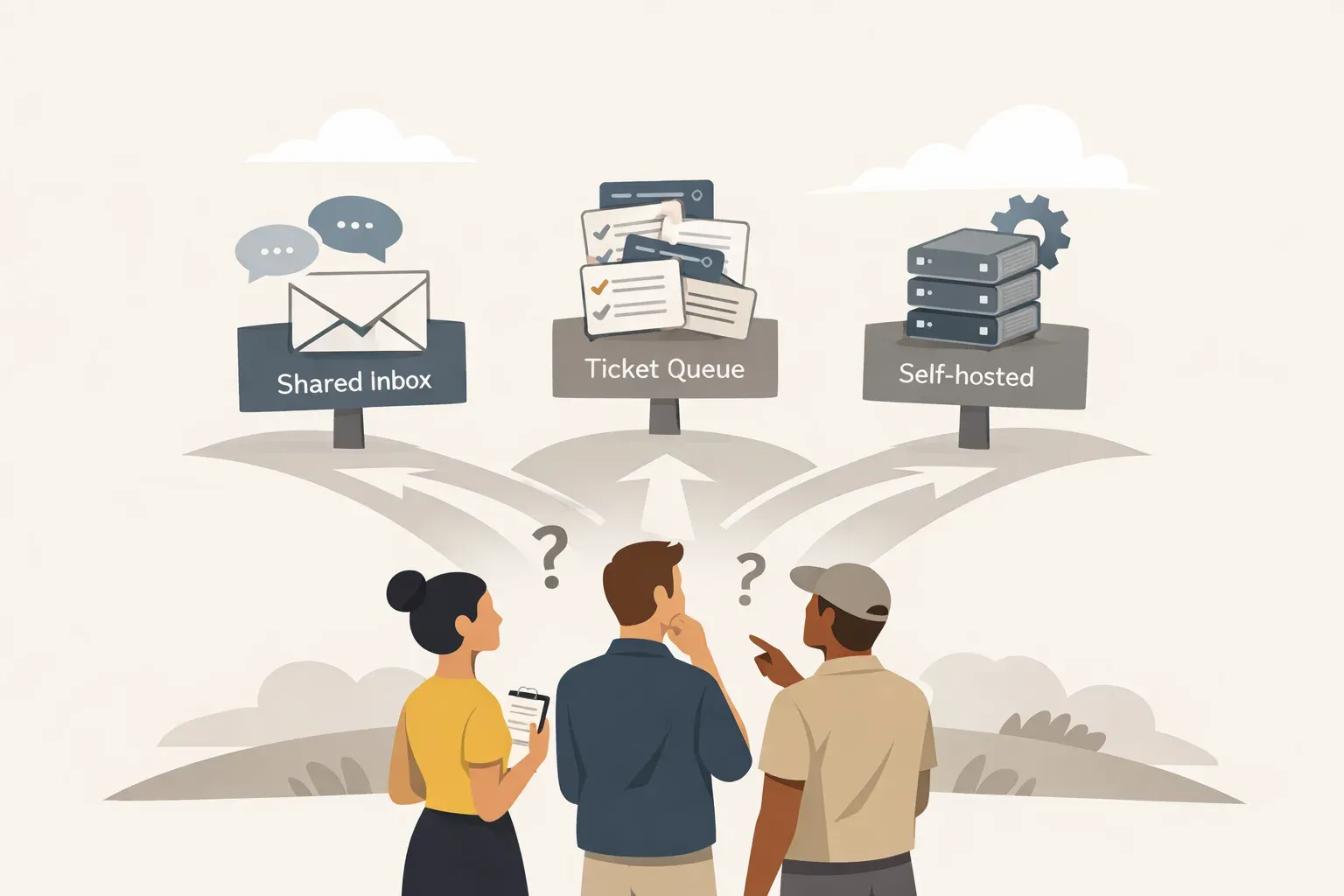 A small support team considers different customer service software options, including a shared inbox, a ticket queue, and self-hosted software.
