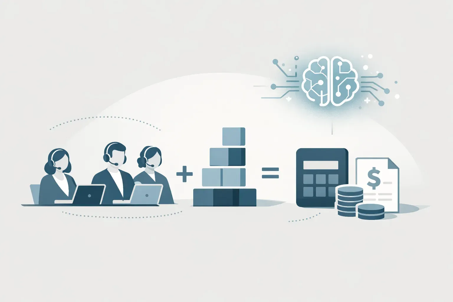 Conceptual illustration of a support team weighing agent seats, AI usage, and add-ons when estimating software costs.