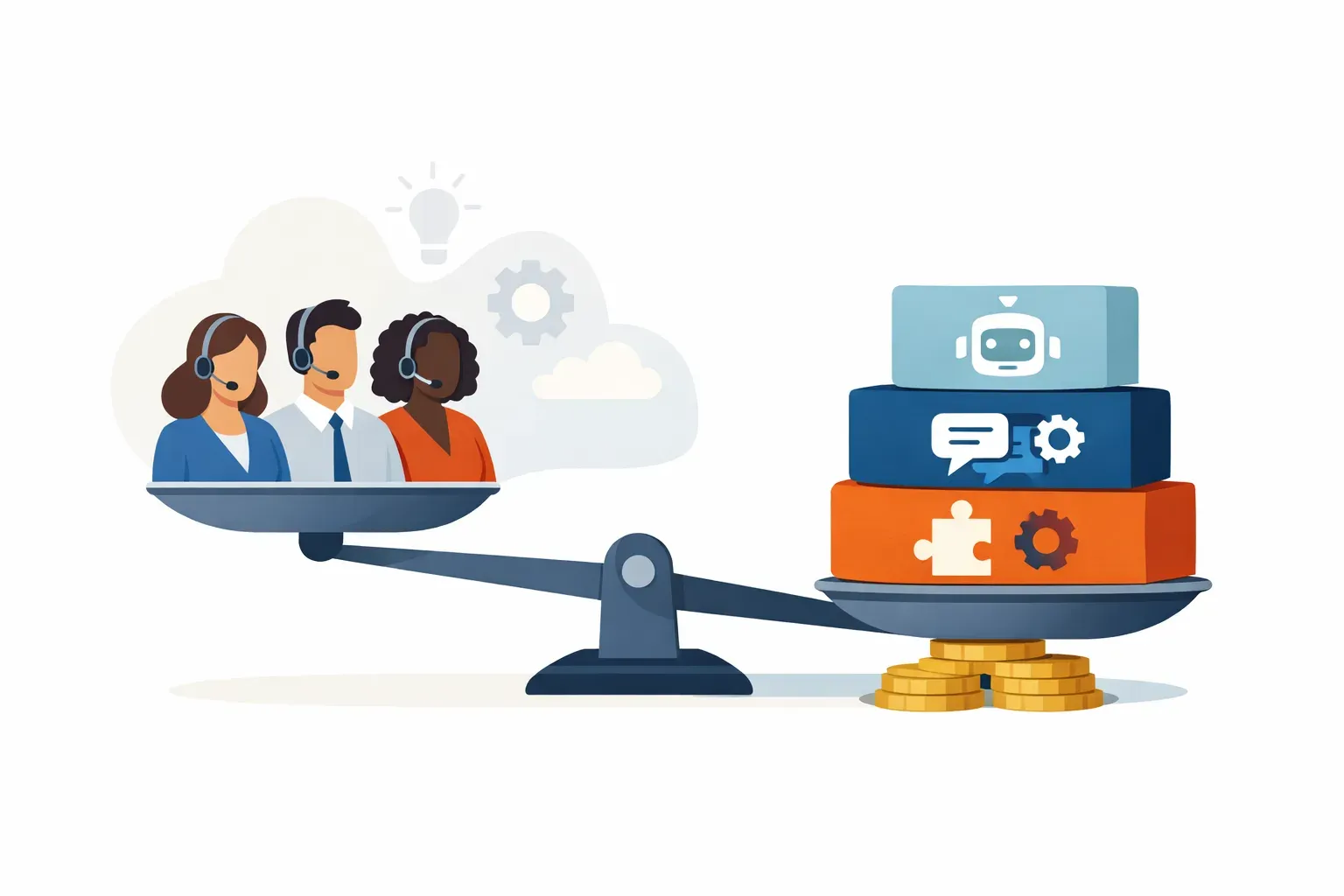 Editorial illustration showing support-team seats, AI usage, and add-ons as separate parts of a software budget.