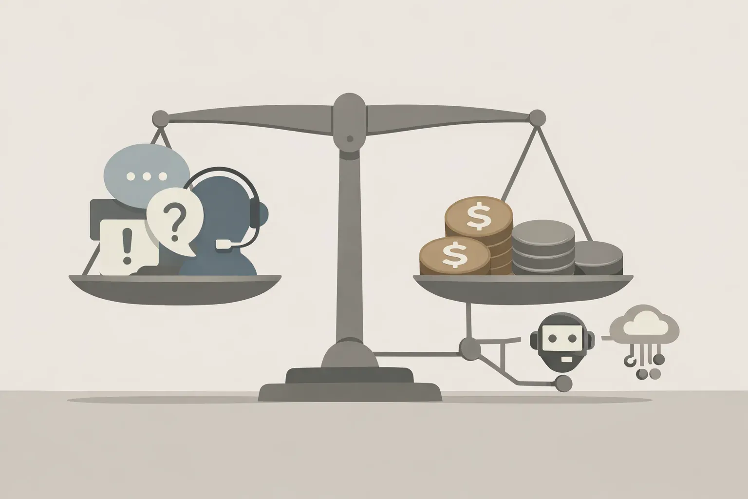 A conceptual balance of support requests and software costs, with tokens representing additional AI usage fees.