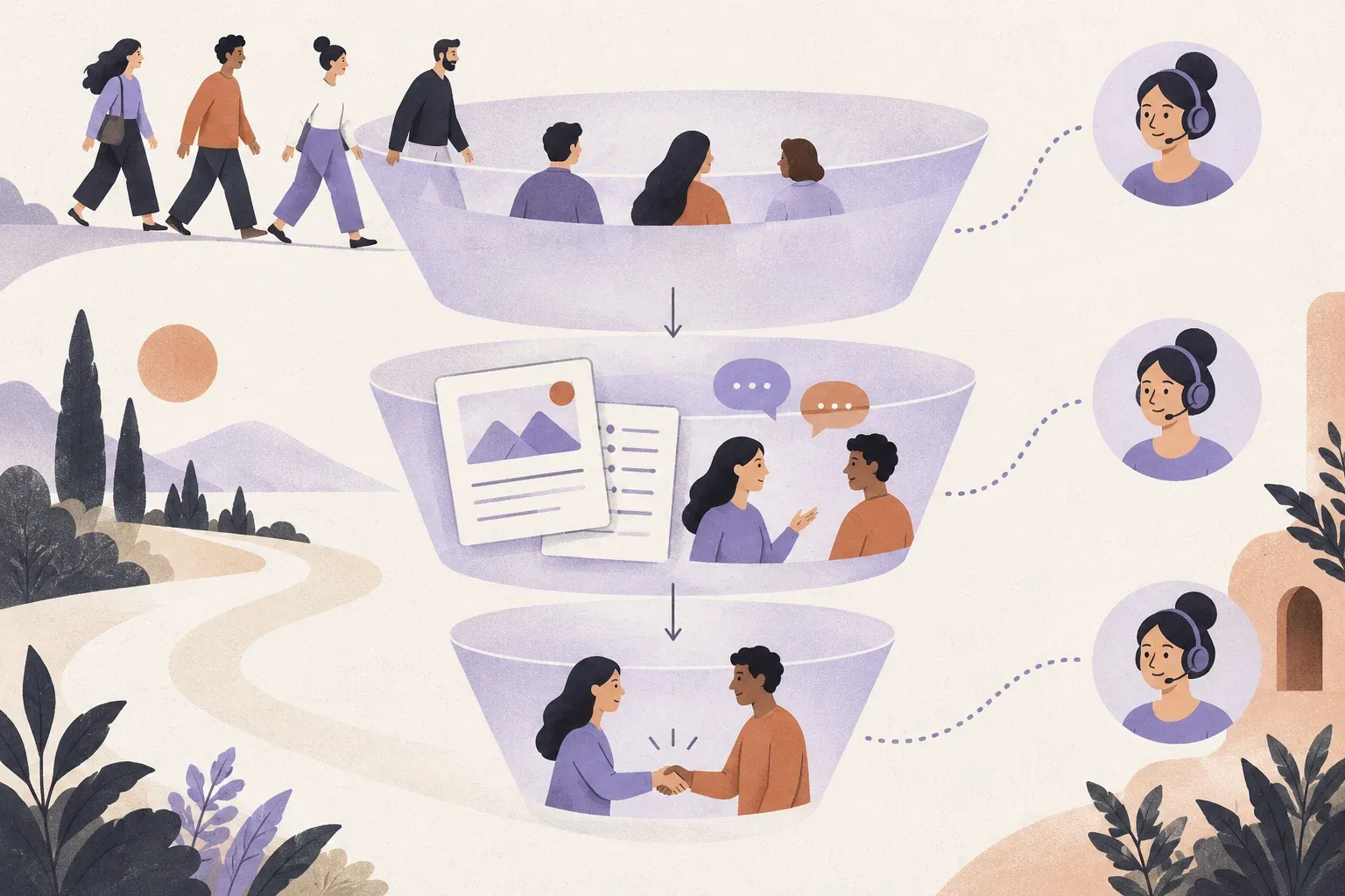 Awareness, consideration and decision form a customer acquisition funnel with support available throughout.