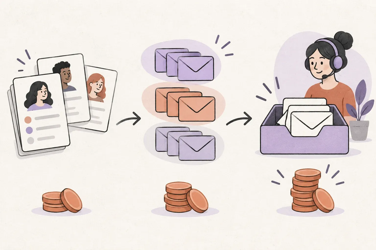 Customer records feed segmented outreach, followed by a shared inbox that keeps replies with a responsible teammate.