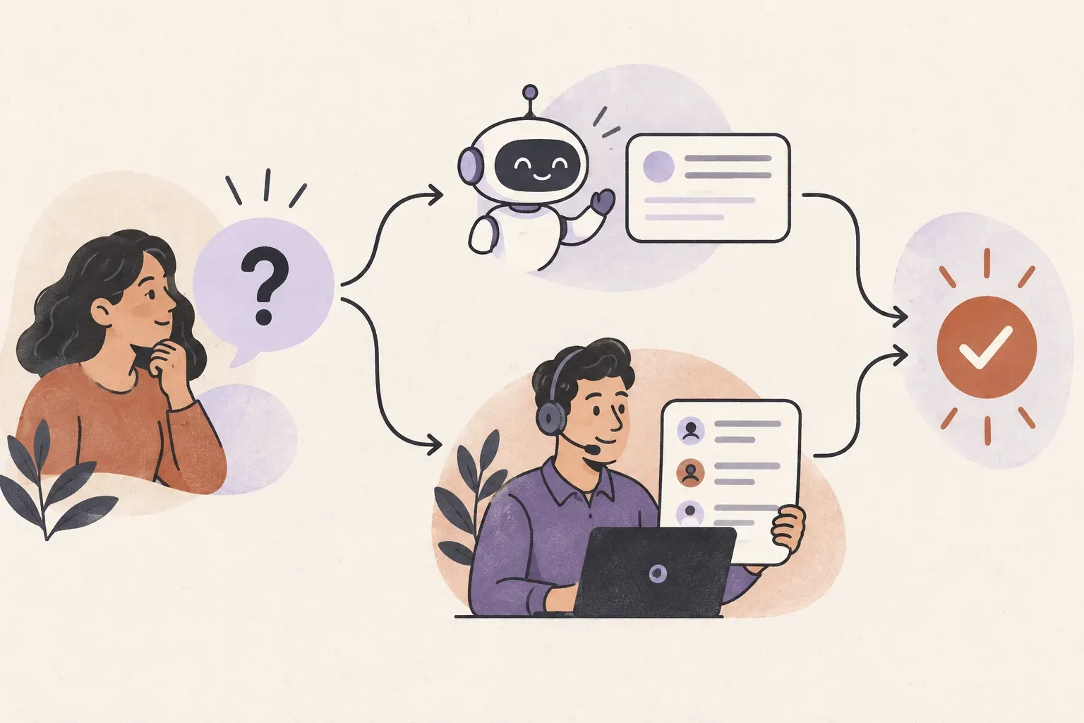 A customer question branches toward a simple automated answer or a human specialist with the conversation context.