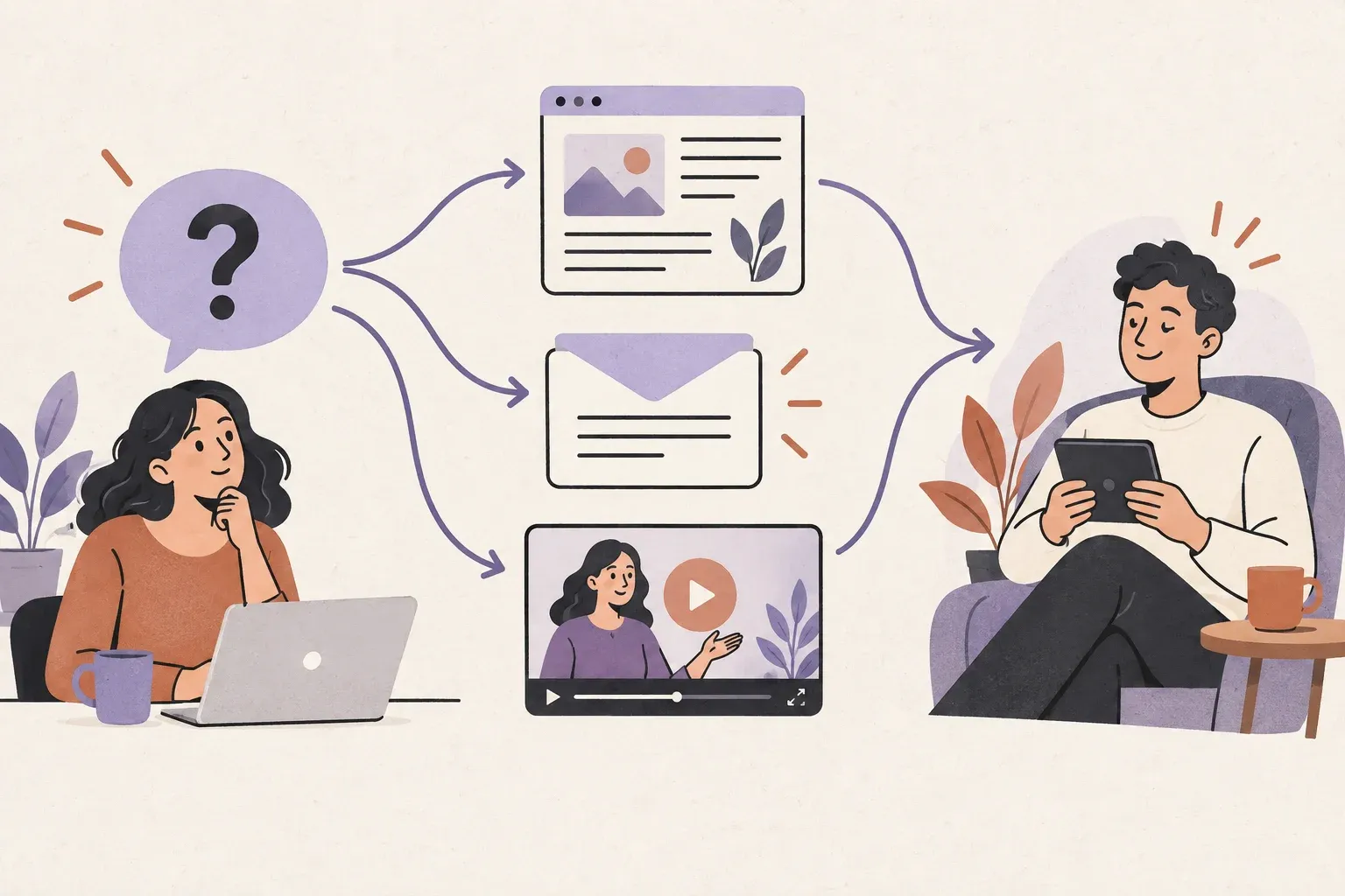 One customer question is developed into a guide, an email and a video that help people find answers.