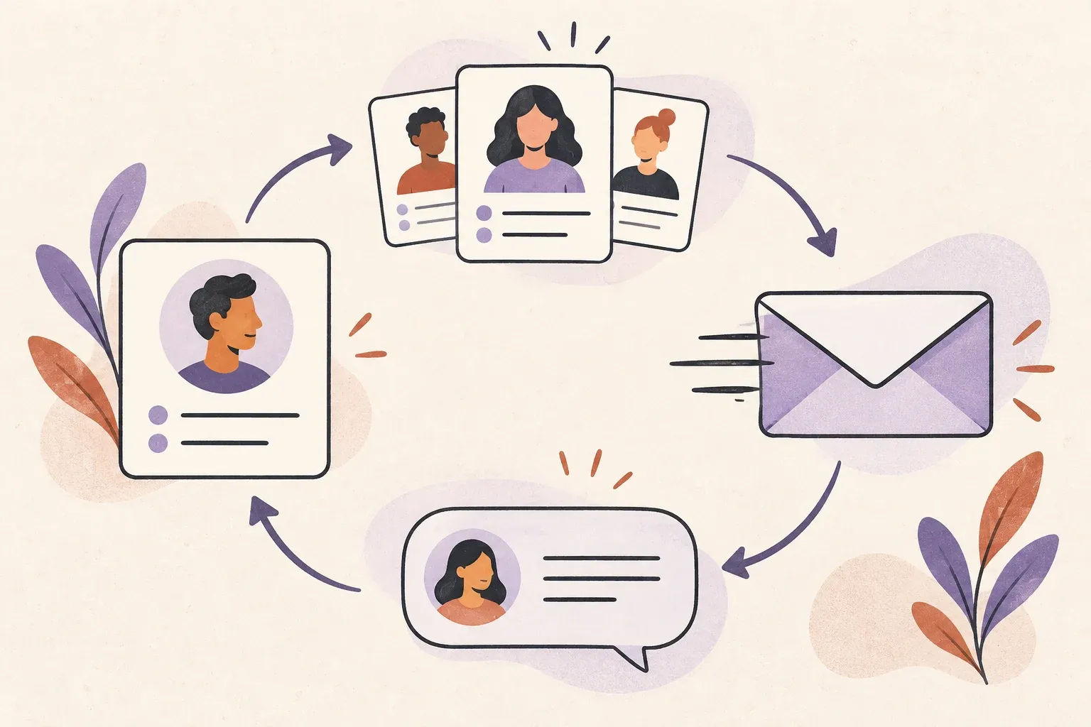 A feedback loop connects contact records, audience segments, outgoing campaigns and customer replies.