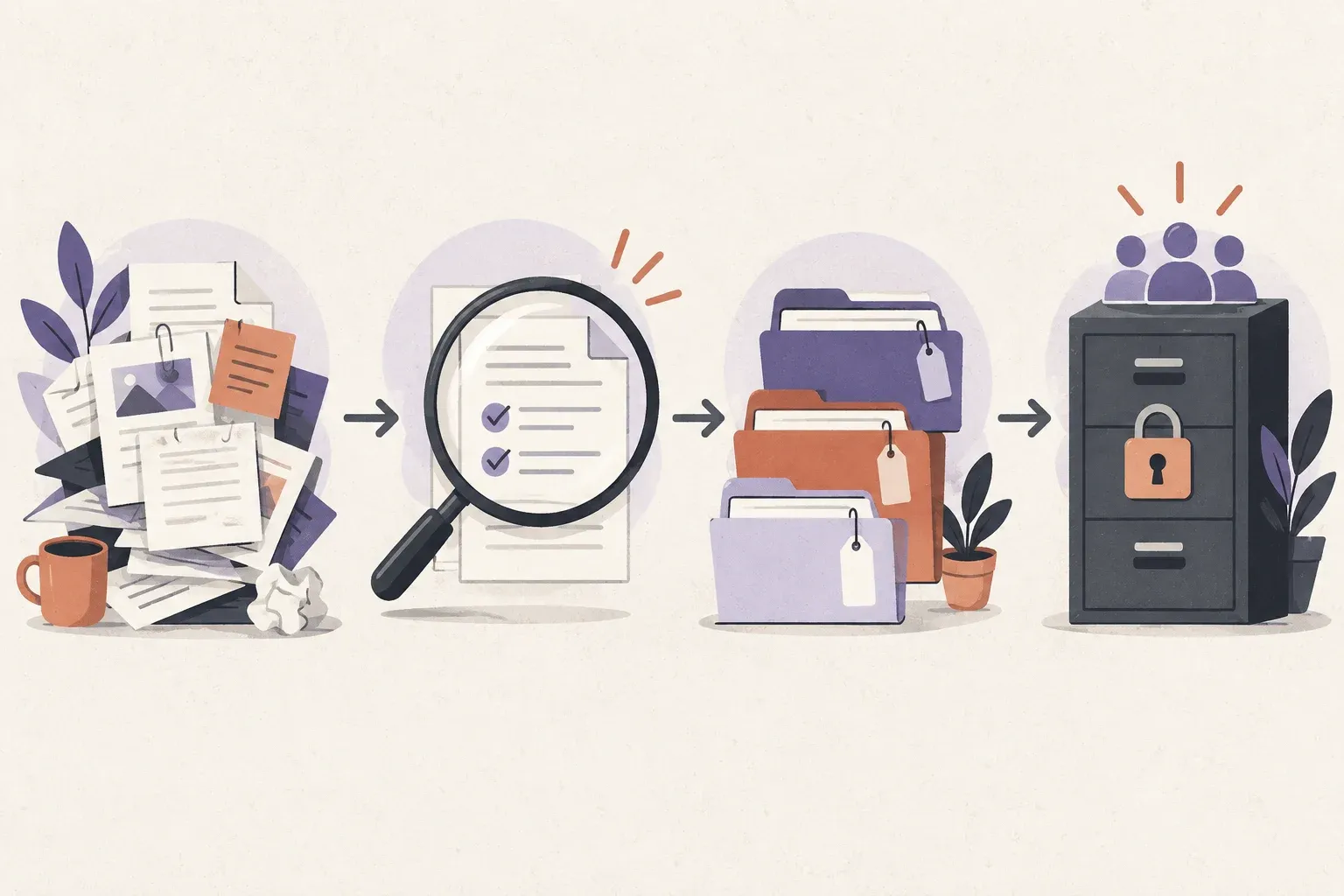 A file-management workflow moves from auditing documents to organizing, tagging and controlled sharing.
