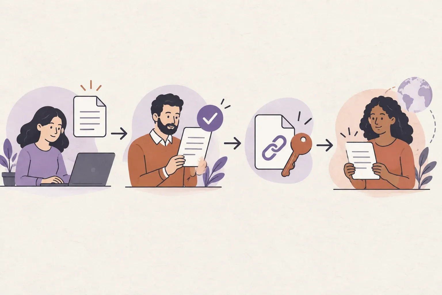 A document passes from its creator through review and permission control to the intended customer.