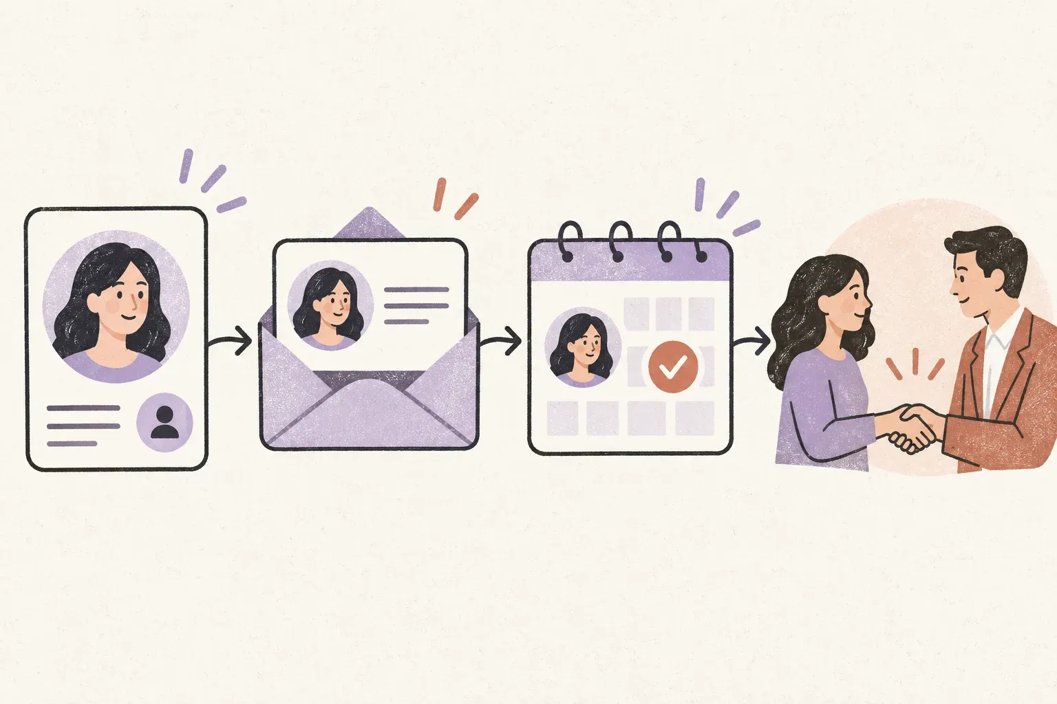 A customer record connects an email conversation, a follow-up reminder and a completed relationship milestone.