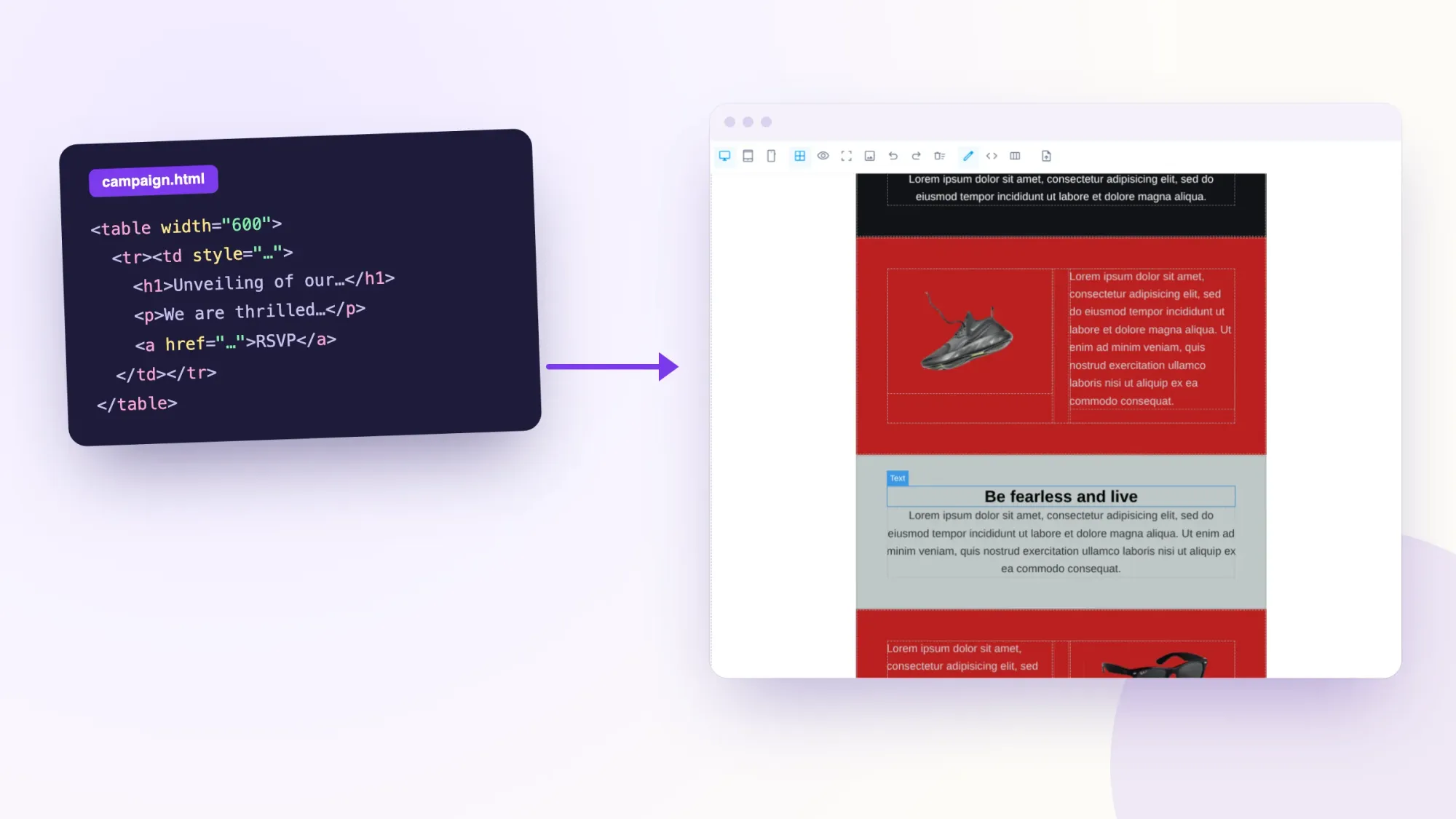 HTML source code for a campaign next to the same email opened as an editable layout in the Helpmonks campaign editor