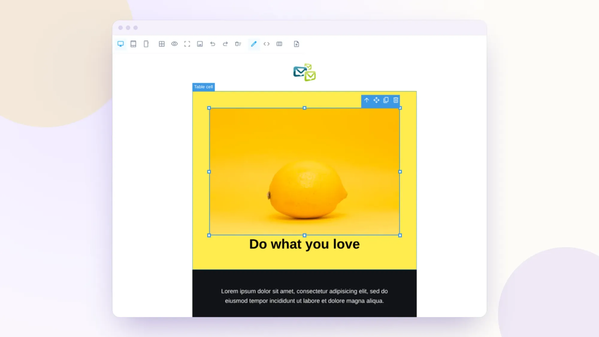 An image selected in the Helpmonks email editor, with resize handles and a toolbar to select the parent, move, duplicate, or delete it