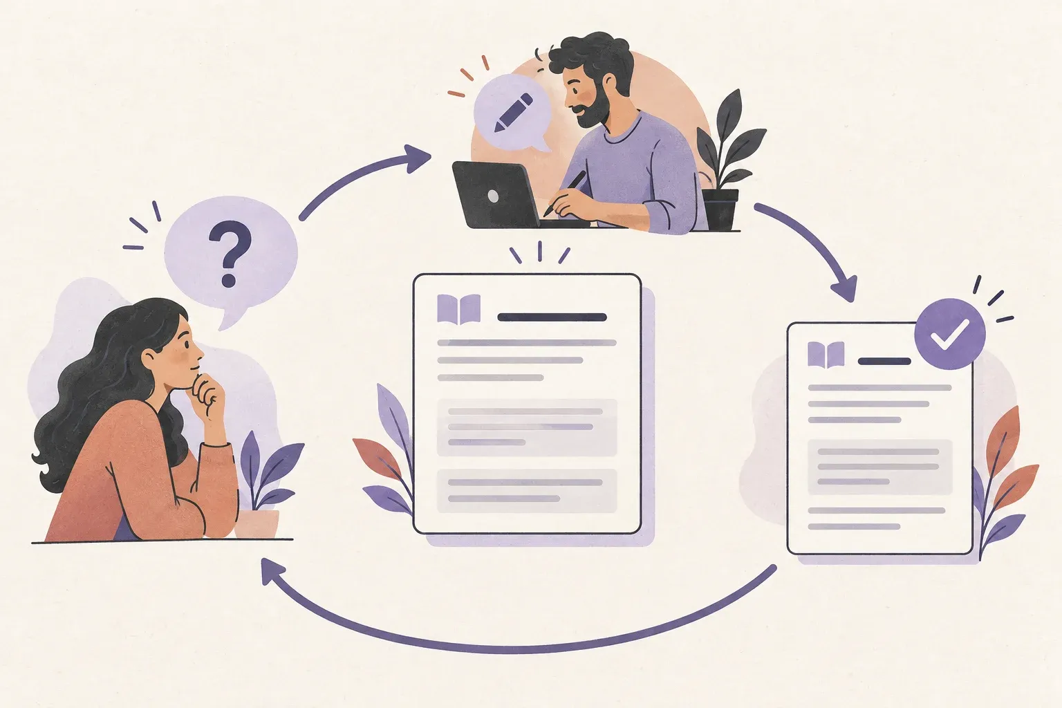 Customer questions, teammate edits and refreshed articles form a continuous knowledge improvement loop.