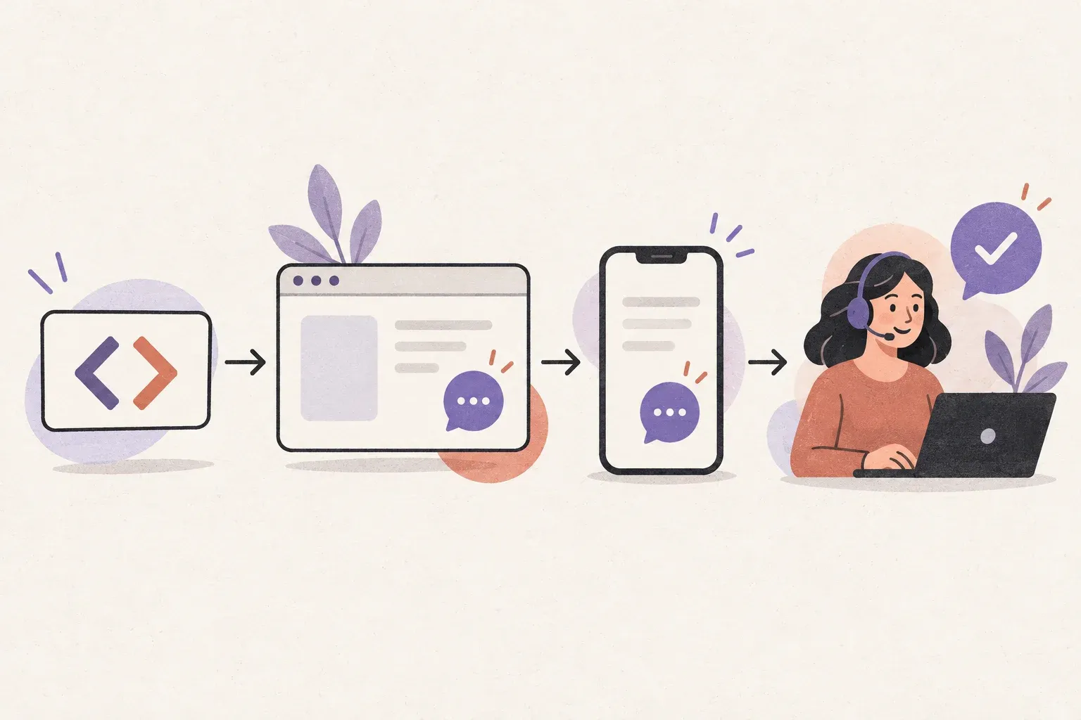 A chat installation is checked from the website snippet through desktop, mobile and the responding teammate.