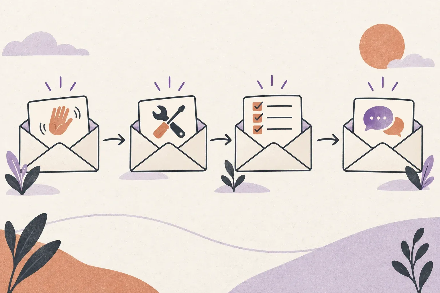 An onboarding sequence progresses from a welcome message to setup, a milestone and customer feedback.