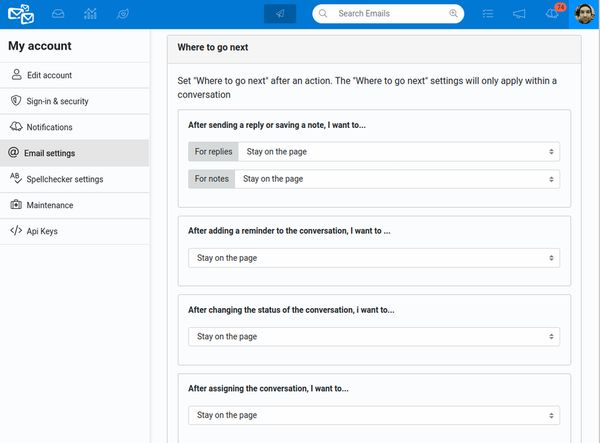 Navigating your emails in your Helpmonks shared inbox just became more comfortable – you can now determine “Where to go next” after an action, e.g., set a re